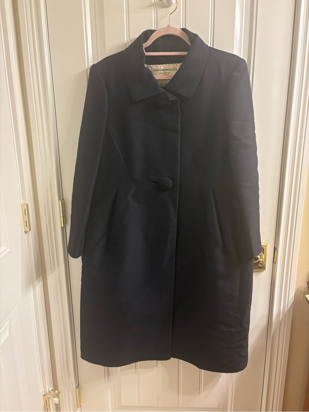 Vintage 50s/60s Black Wool Dress Coat M Garfinkel & Co WA Large Buttons VGUC